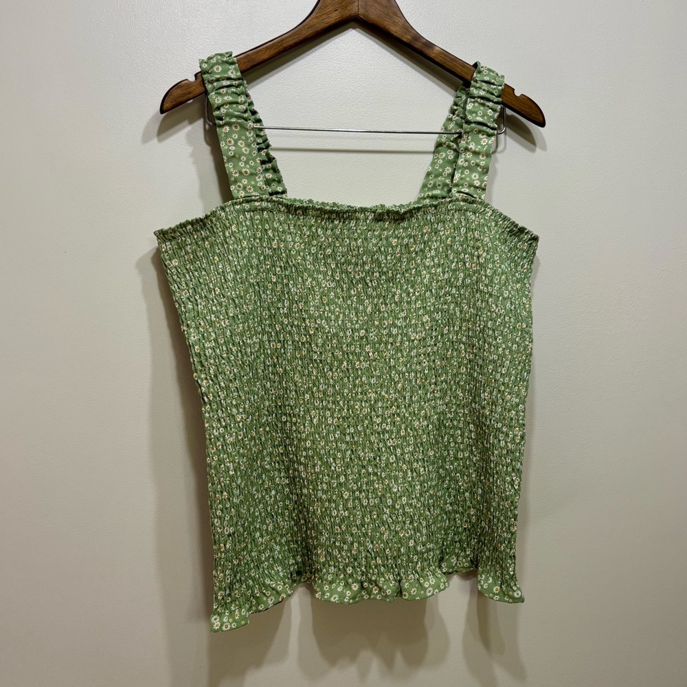 FarWest Marks Shirring Ruffle Floral Cropped Stretchy Tank Crop Top Shirt Green
